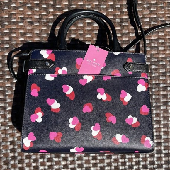 Kate Spade Staci Medium Satchel Flutter Hearts Black Multi - Picture 8 of 15